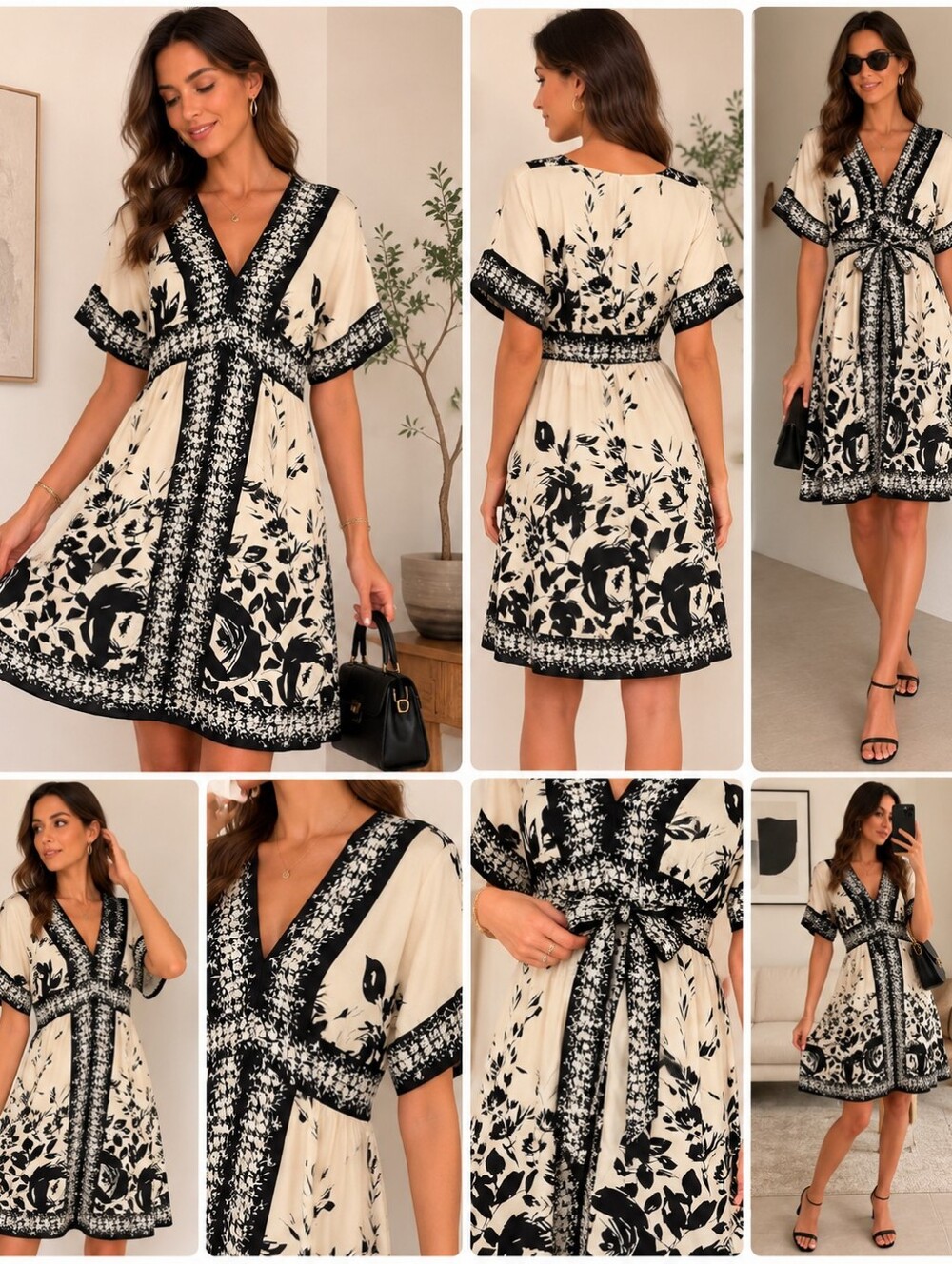 Vintage J. Richie Silver 100% Silk Floral Midi Dress Black Ivory S